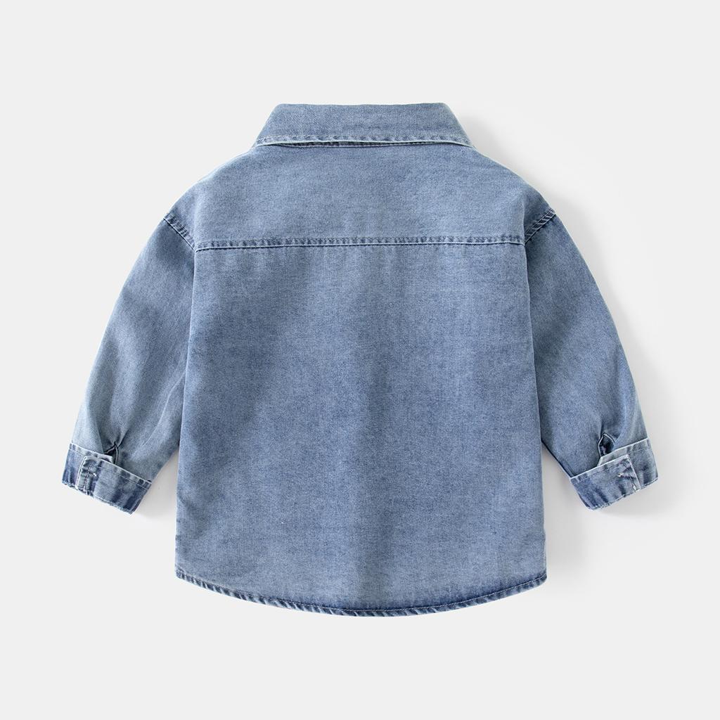 Boys Denim Shirt Long Sleeve Pocket Design Casual Button Down Collared Autumn Fashion Top Clothing for Toddler and Kids