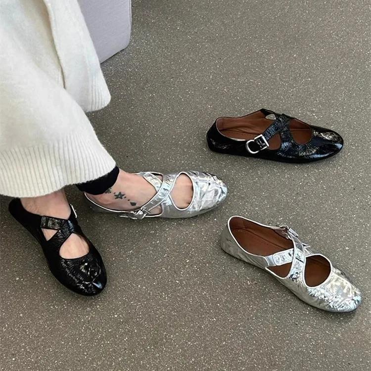 Fashion Cross belt buckle shoes for women with shallow round toe and comfortable lazy flat shoes