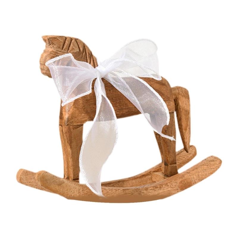Simple Design Wooden Rocking Horse Figurine with White Ribbon for Home Nursery Table Decoration and Collectible Display
