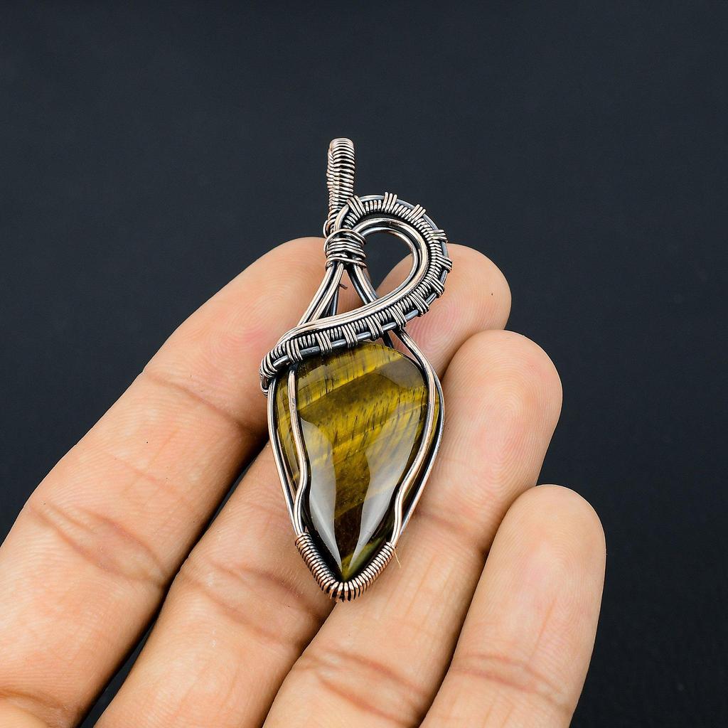 Tiger Eye Pendant, Handmade Gemstone 999 Copper Wire Wrapped Pendant Antique Jewelry, For Gift Silver Jewelry