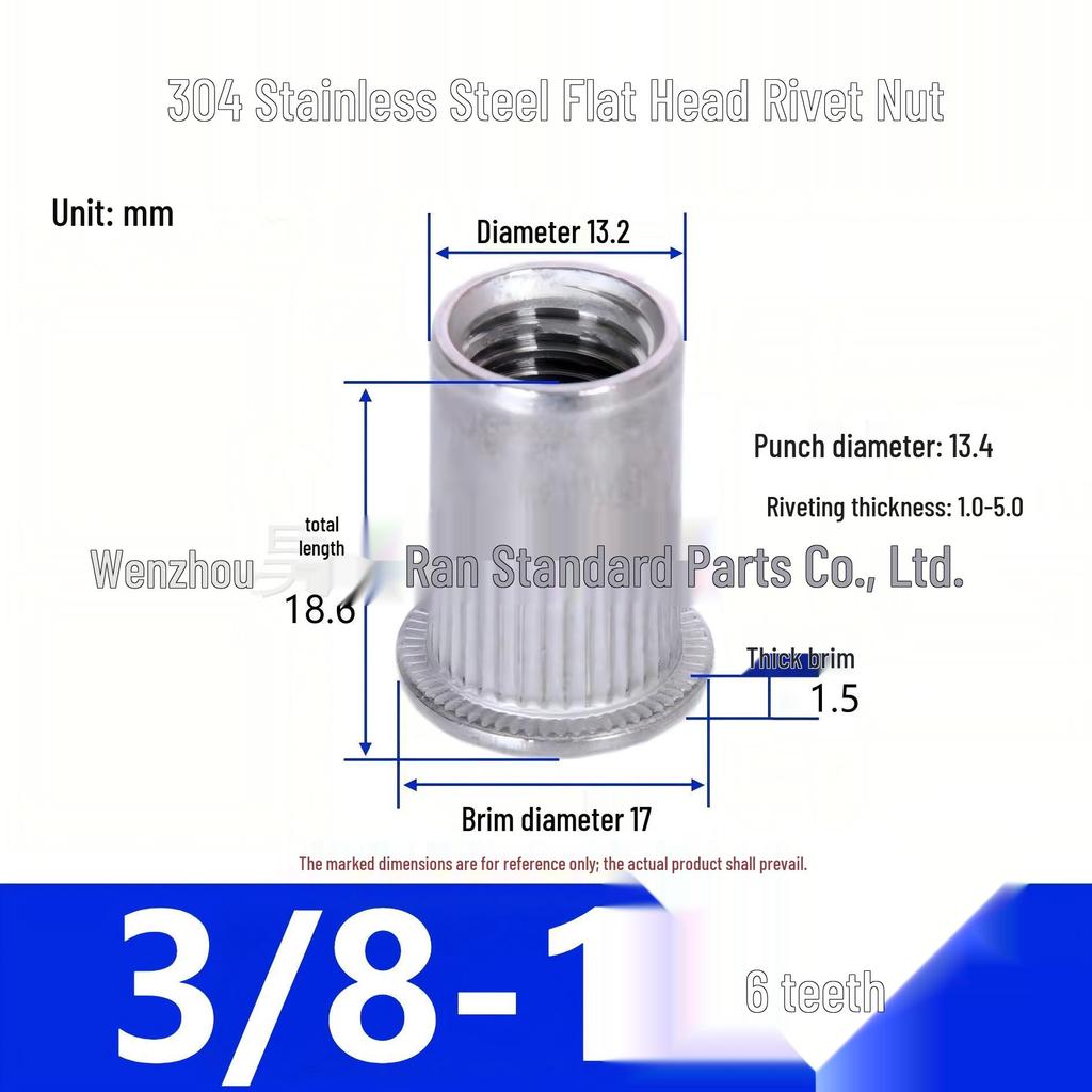 304 Stainless Steel Knurled Flat Head Rivet Nut with Vertical Ribs