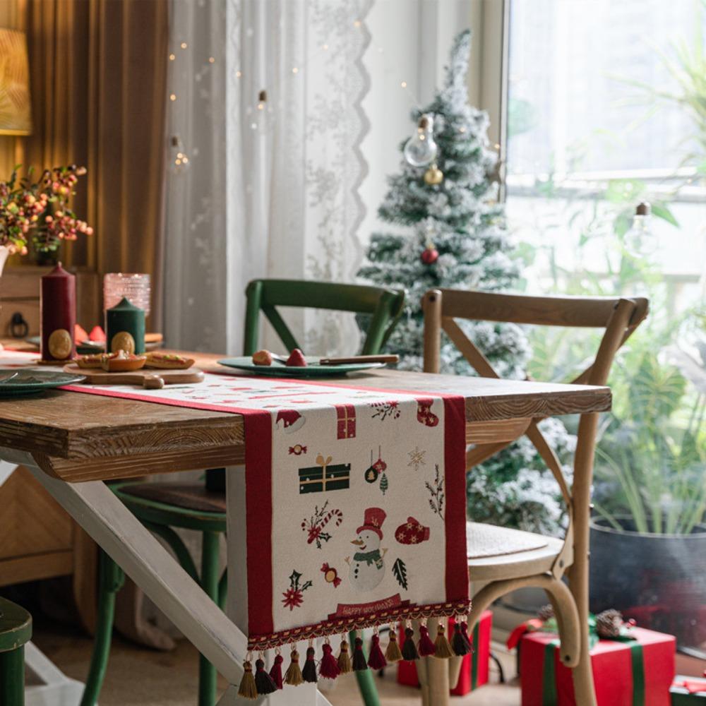 Christmas Snowman Jacquard Table Runner with Fringe Polyester Home Decor Tablecloth Bedspread