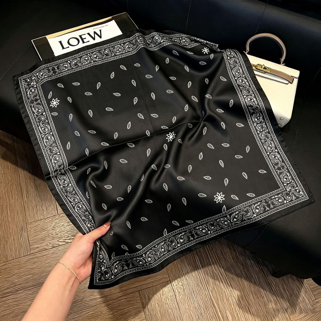 71Cm New Chinese Simulation Silk Square Scarf Soft and Skin-friendly Ink Flower Rhyme Printing Silk Scarf Neck Sunscreen Small Scarf