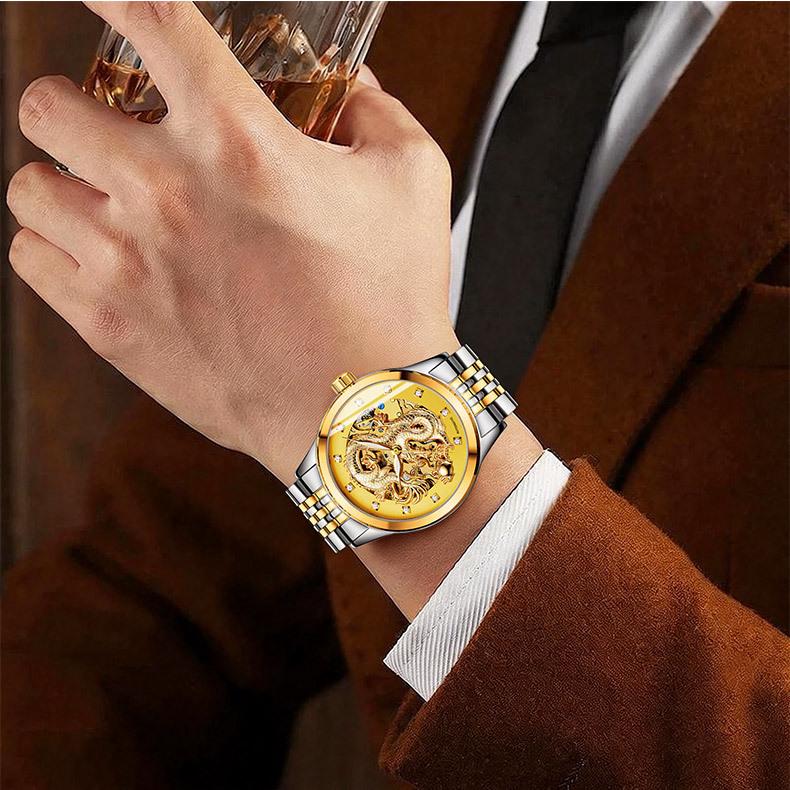 NARY Gold Dragon Waterproof Stainless Steel Skeleton Automatic Watch 18028.