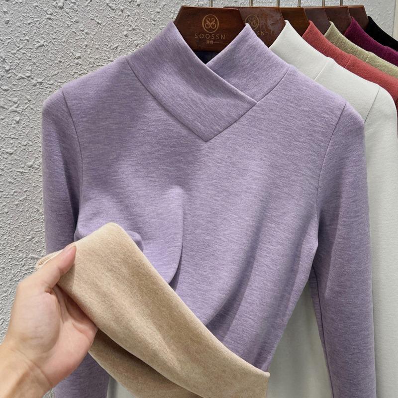 Stacked Collar Warm Fleece Bottoming Shirt Women's Autumn and Winter New Semi-turtleneck Long-sleeved Fleece Warm Silk Cashmere Top