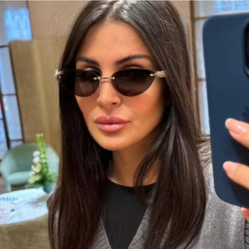 Cat Eye Rivet Rimless Sunglasses Women Luxury Fashion Brand Oval Narrow Sun Glasses Shades Trendy Elegant Unique Eyewear