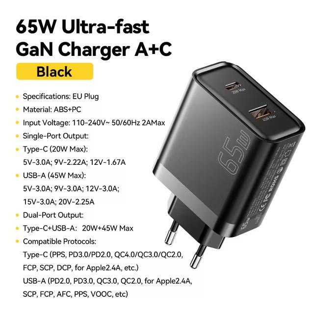 Încărcător GaN Essager 65W Încărcare rapidă QC4.0 PD3.0 Încărcător USB tip C Încărcător rapid portabil pentru laptop iPhone 15 14 13Pro MacBook