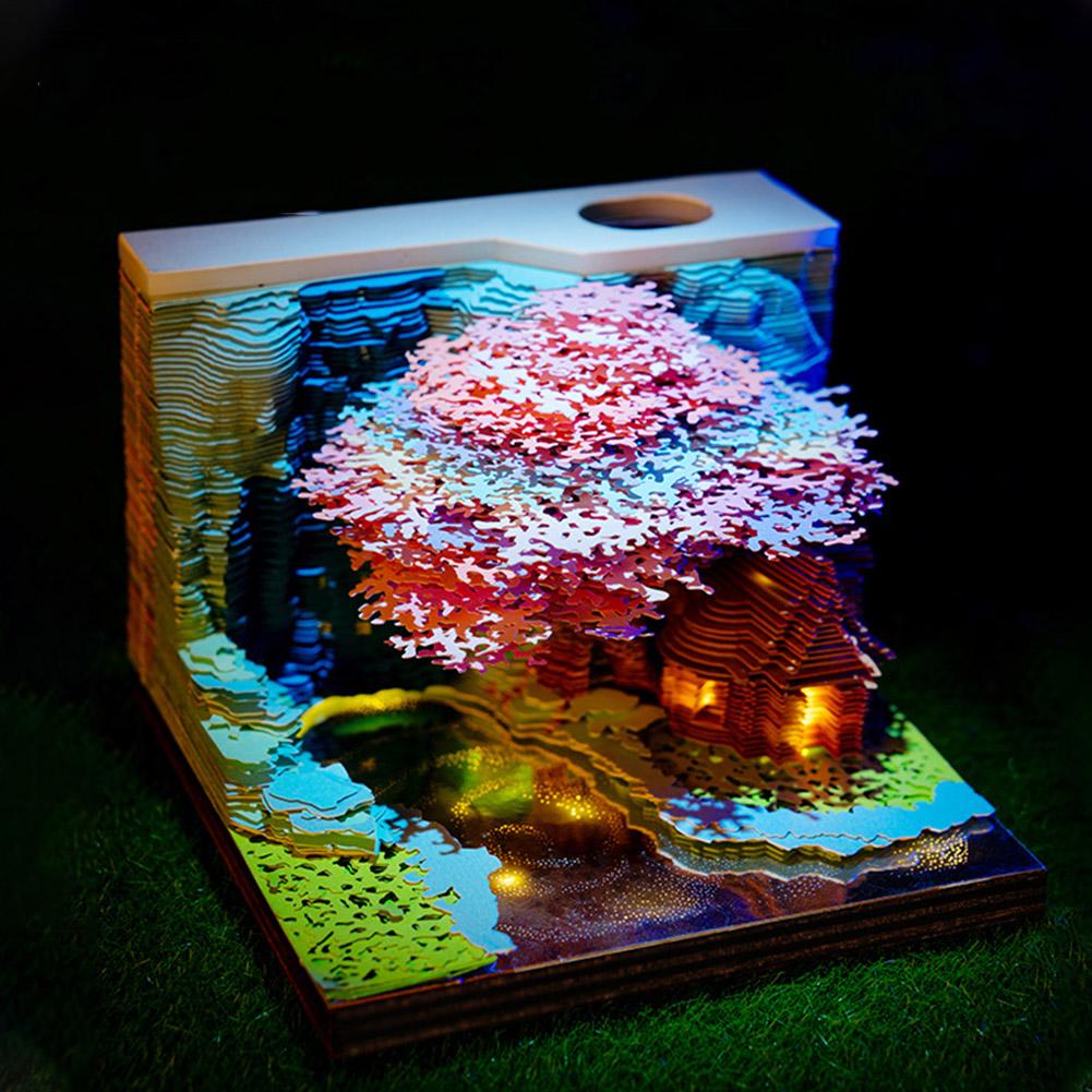 3D Desk Note Pad Creative Tree House Memo Pad LED Light Tear-Away 3D Art Note Pads Paper Carving Home Decoration Birthday Gifts