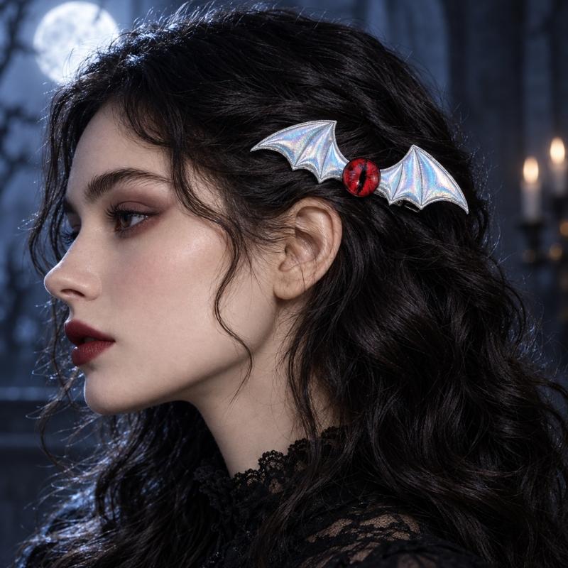 Gothic Hair Clip Set of 2 with Bat Wing Shape and Raised Red Eyeball Decors, Cosplay Barrettes for Theme Party, Stage Show and Party Photo