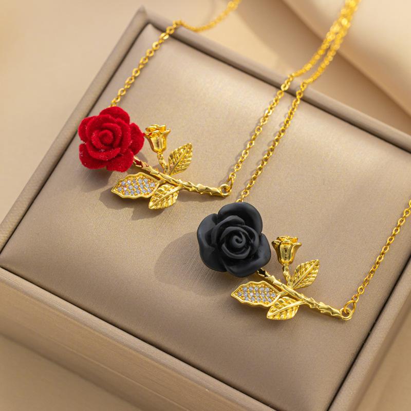 Romantic Red Rose Titanium Steel Necklace Female Temperament Zirconia Flower Pendant Collarbone Chain
