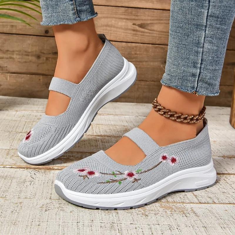 Fashion Ladies Shoes 2024 Elastic Band Women's Vulcanize Shoes Fashion Embroidered Ladies Casual Shoes Hot Sale Round Head Mesh Sneakers