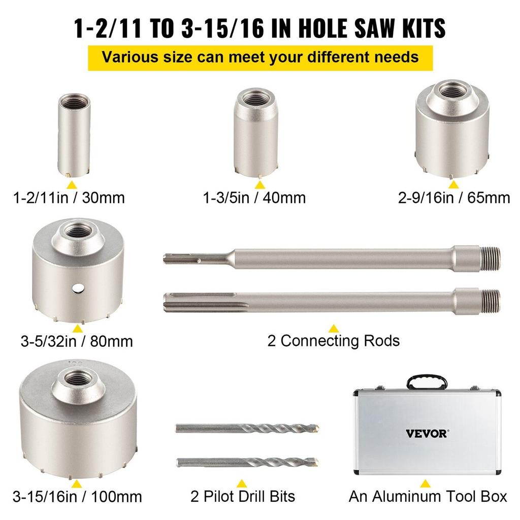 Concrete Hole Saw Kit, 30/40/65/80/100mm Drill Bit Set SDS Plus or SDS Max Shank Wall Hole Cutter with 11.8"/300 mm Connecting Rod for Brick,