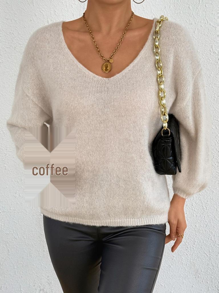 Women's V-neck Pullover Sweater with Drop Shoulders – Fashionable & Comfortable Knitwear