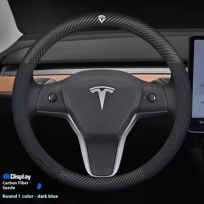 ALM1 Tesla Model 3 Y S Model X Roadster Car Carbon Fiber Suede Leather Anti-slip Breathable Car Steering Wheel Cover Auto Accessories