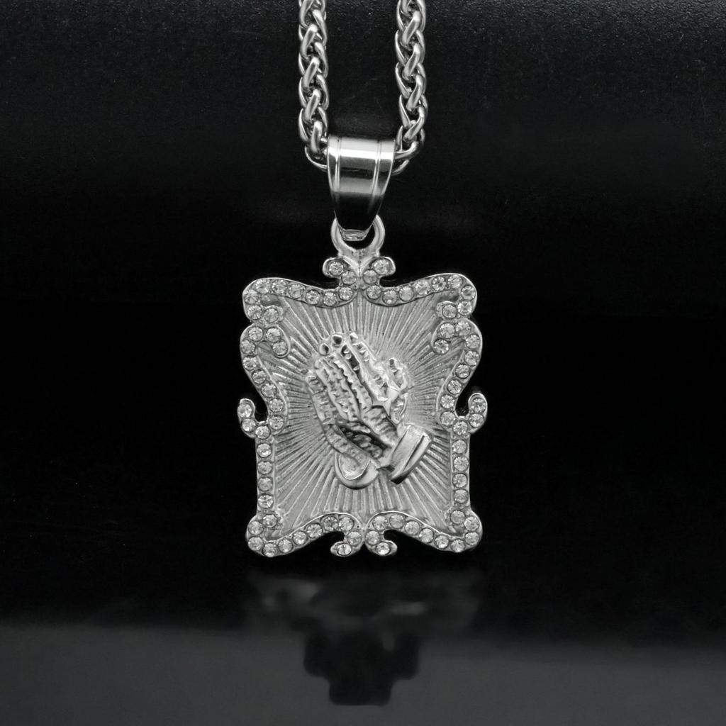 New Trendy Praying Hands Pendant with Rhinestone Men's Necklace Fashion Religious Amulet Pendant Accessories Party Jewelry