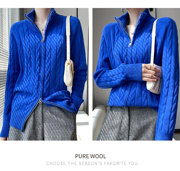 Women's Wool Zipper Knit Cardigan Sweater with Lapel