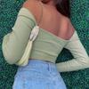 Hollow-Out V-neck Long Sleeve Crop Tops Spring Fall Casual Fashion Women Square Collar Slim Ribbed T-Shirts Backless Tee