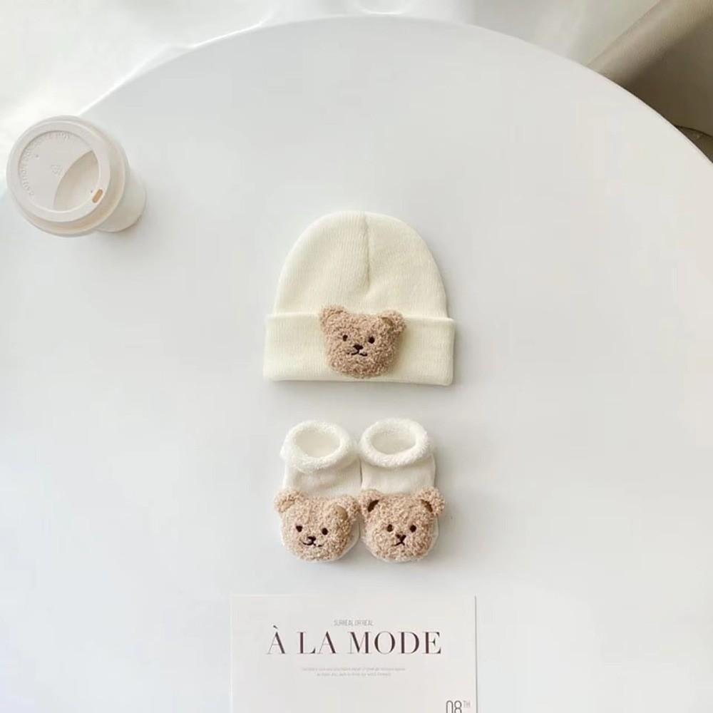 2PCS/Set Cartoon Baby Hat Socks Winter Knitted Newborn Short Socks New Pullover Hats Boy Girl