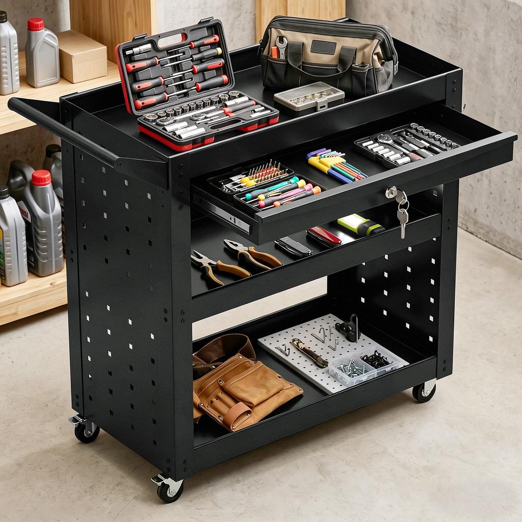 Tool Cart with Lockable Wheels, Rolling Workshop Cart with 3-Tier Trays, Drawer, Pegboards, Black
