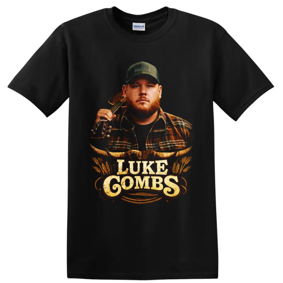 Luke Combs Country Singer T Shirt w Guitar Western Rodeo Graphic Cowboy Art Tee
