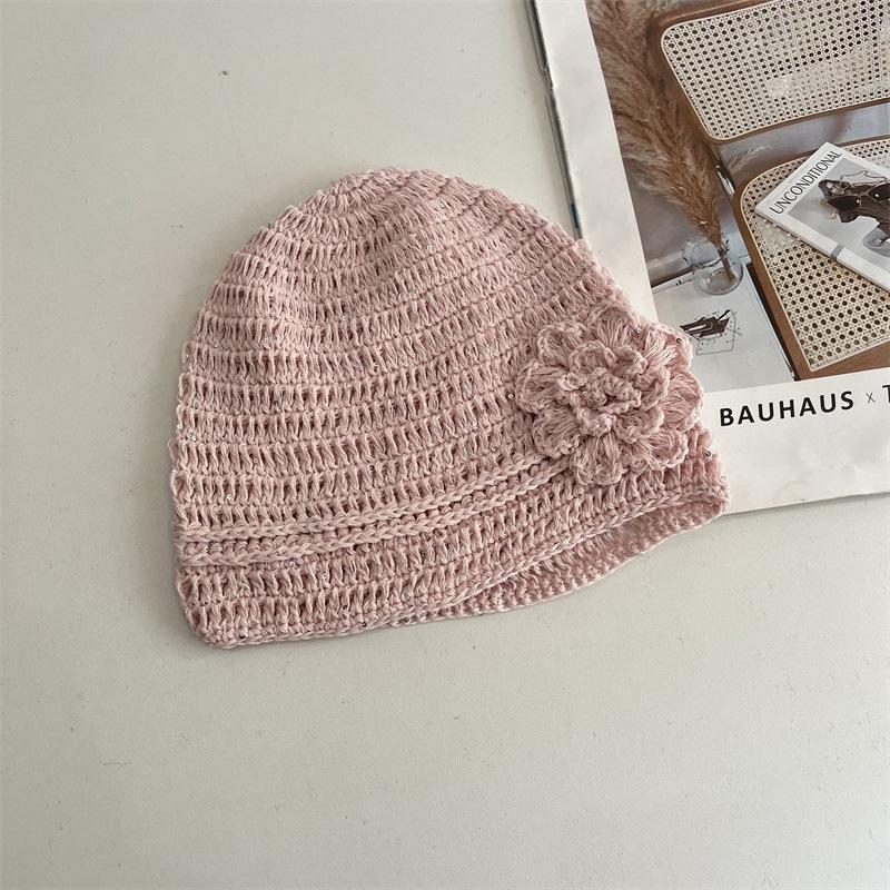 Sequined Flower Knitted Headgear Women's Spring and Summer Breathable Mesh Casual Versatile Retro Cold Hat Ear Protection Hat Shows Small Face