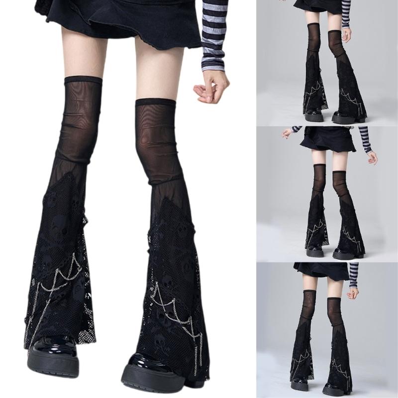 Maniche per gambe in rete estive Scaldamuscoli punk con teschio Calzettoni lunghi alla moda Maniche per gambe per sottoculture Streetwear per donna