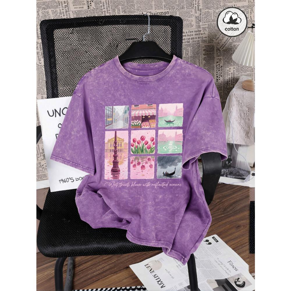 

Wet Streets Bloom With Reflected Oceans Print Women Washed T-Shirt Summer O-Neck T Shirt Cotton Loose Clothing Tops S