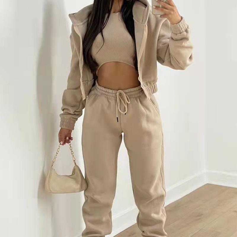 Women's Solid Color Three-Piece Set: Hooded Sweatshirt & Long Pants - Casual, Elegant Commute.