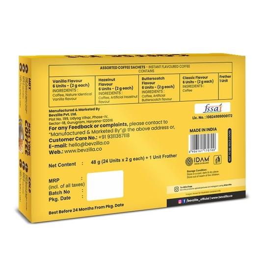 Bevzilla 24 Coffee Sachets & Frother (24 X 2 Gram Sachets) | 6 Pouches Each Flavour | Café Coffee Kit | Classic, Hazelnut, Vanilla & Butterscotch