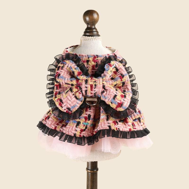 Pet Plaid Dress With Harness Loop Small Dogs Cats Winter Warm Princess Style