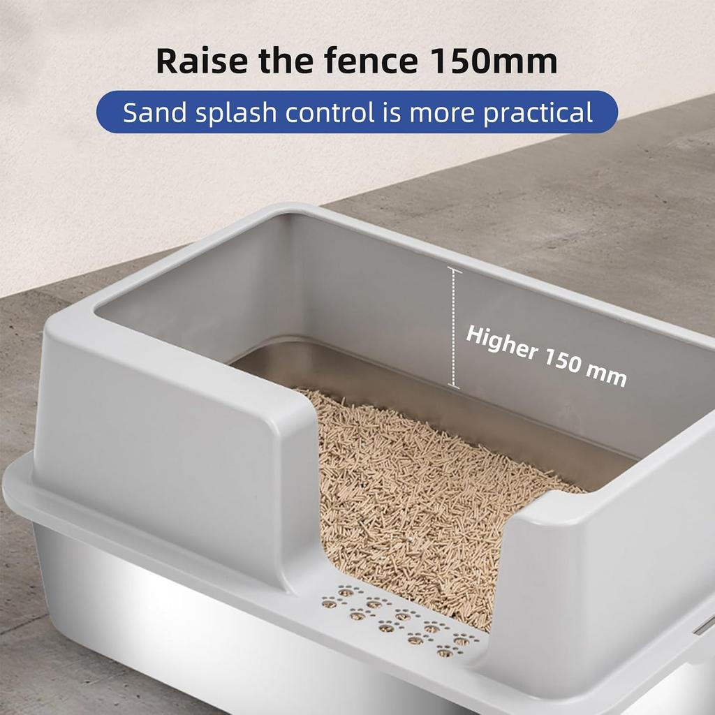 Extra Large Stainless Steel Cat Litter Box High Side Anti-Leak Litter Tray With Secure Lid And Litter Scoop