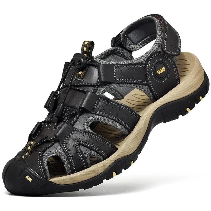 

Men Summer Sandals Male Genuine Leather Sports Sandals Men Covered Toe Outdoor Hiking Sandals for Office Seasides Vacation Beach 38 чёрный