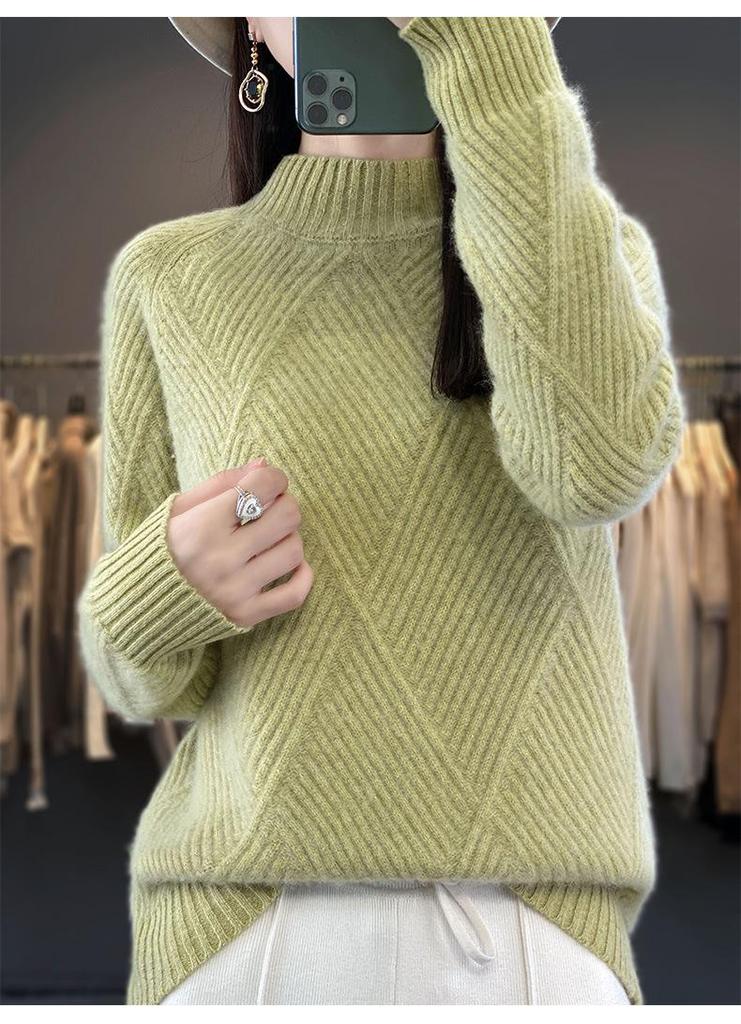 Women's Diamond Pattern Wool Pullover - Ribbed Knit, Half-High Neck, Long Sleeve, Solid Color for Autumn & Winter.