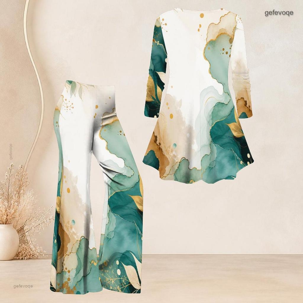 Women Plus Size V Neck Three Quarter Sleeve Marble Printed Blue Flared Top And Flared Pants Two Piece Set