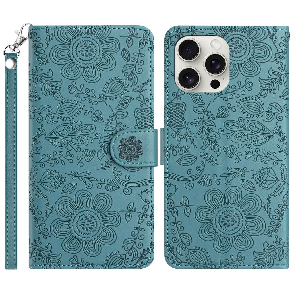 For iPhone 13 Pro Max Case Flower Imprint Leather Flip Wallet Phone Cover with Wrist Strap