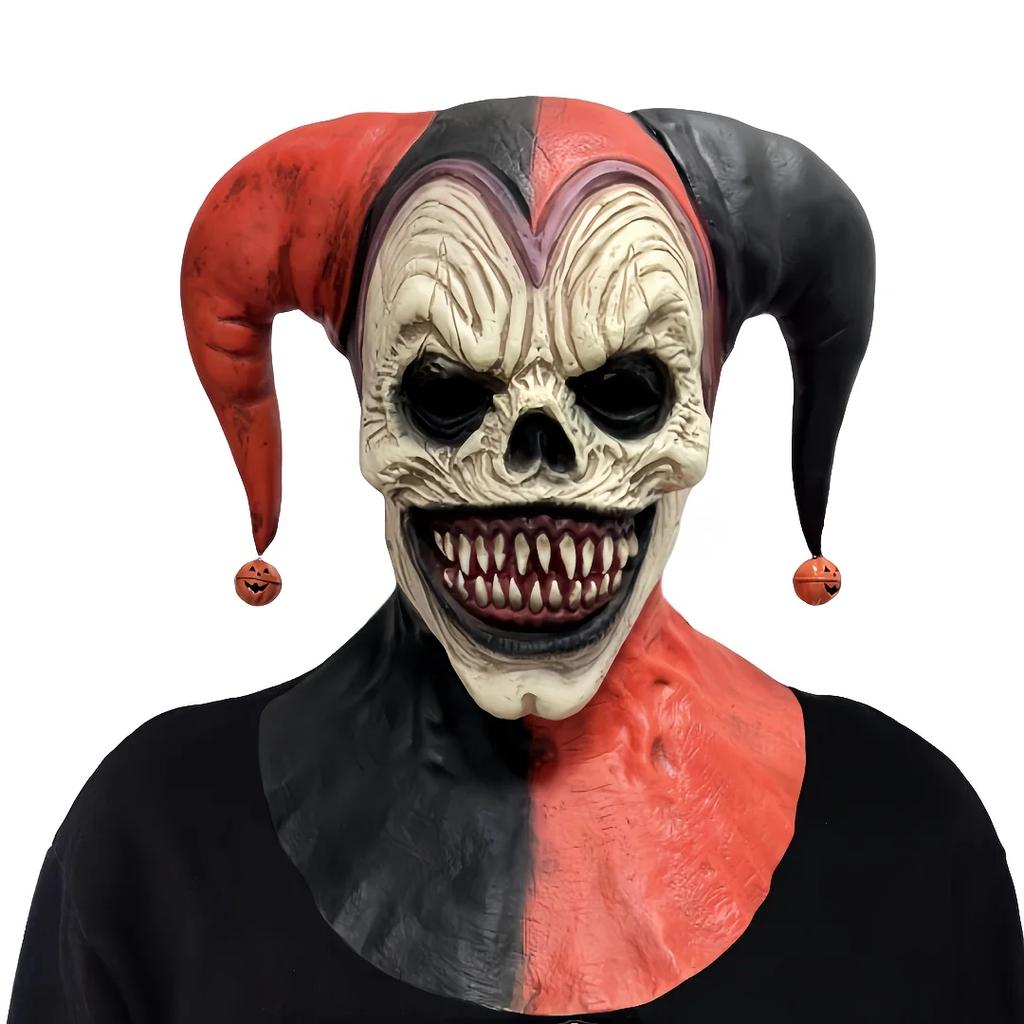Menacing Clown Mask with Horns - Bleeding Skull Bell Earrings & Pumpkin Pendants for Halloween Cosplay Parties & Haunted Houses