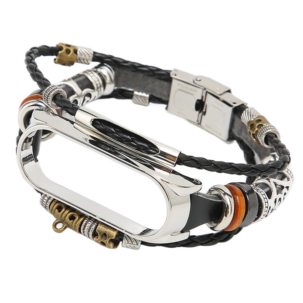 Retro Leather Wrist Strap for Xiaomi Mi Band 5 6 NFC Fashion DIY Upgrade WristbandBlack Silver