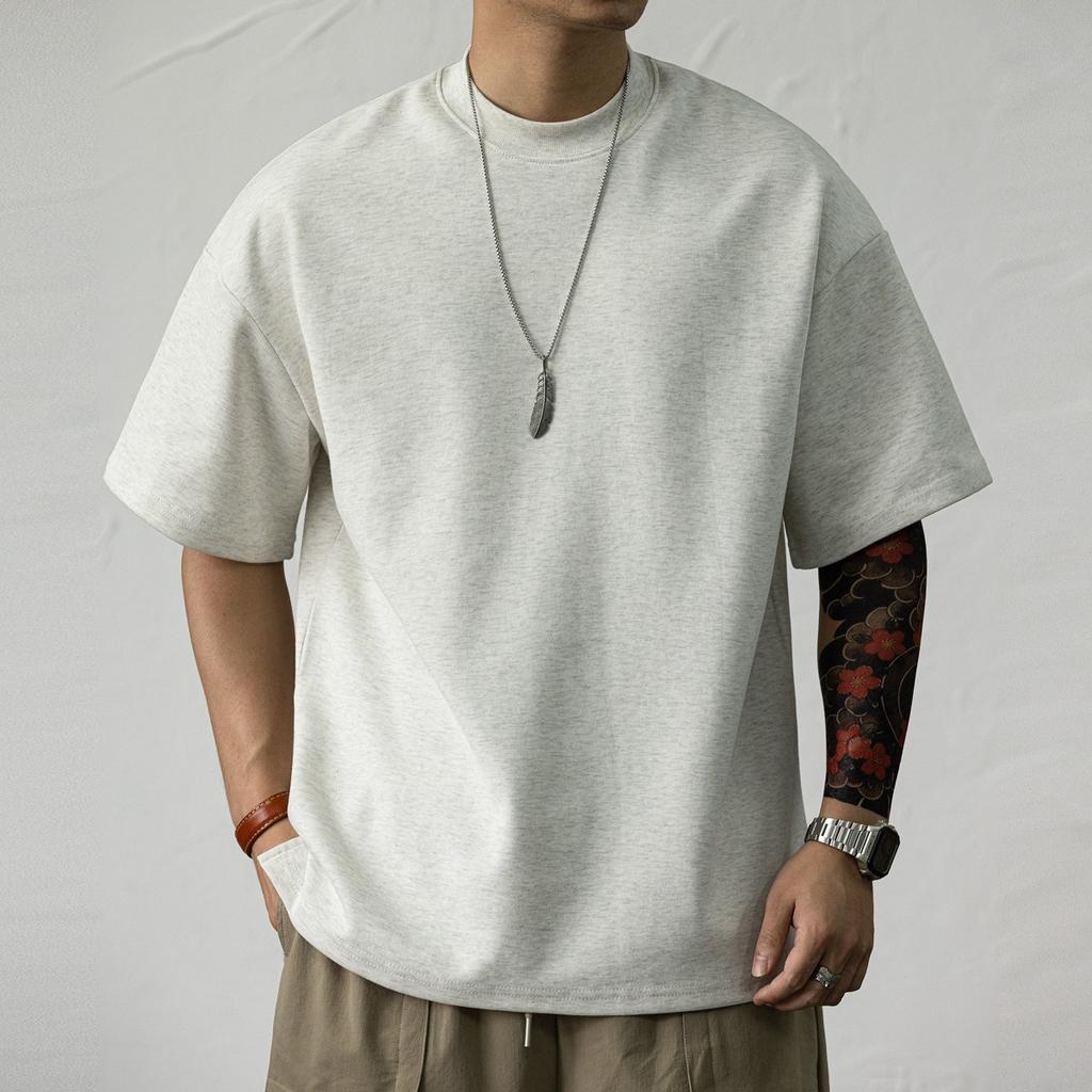 Heavy Small Neckline Short-sleeved T-shirt Men's Loose Summer Casual Solid Color Anti-wrinkle Large Size T-shirt