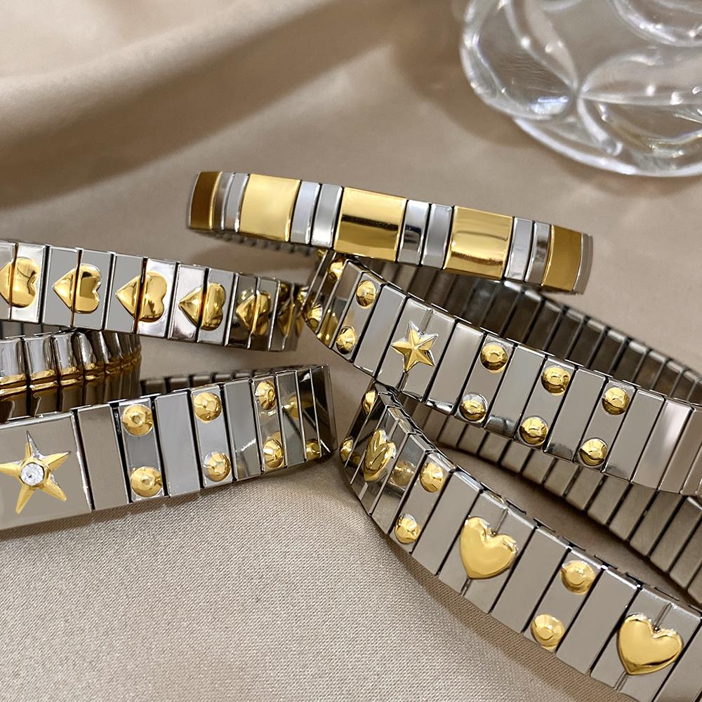 AENSOA Vintage Elastizität Edelstahl Armreifen Armband für Damen Klassisch Herz Quadrat Verstellbares Armband Wasserdichter Armreif