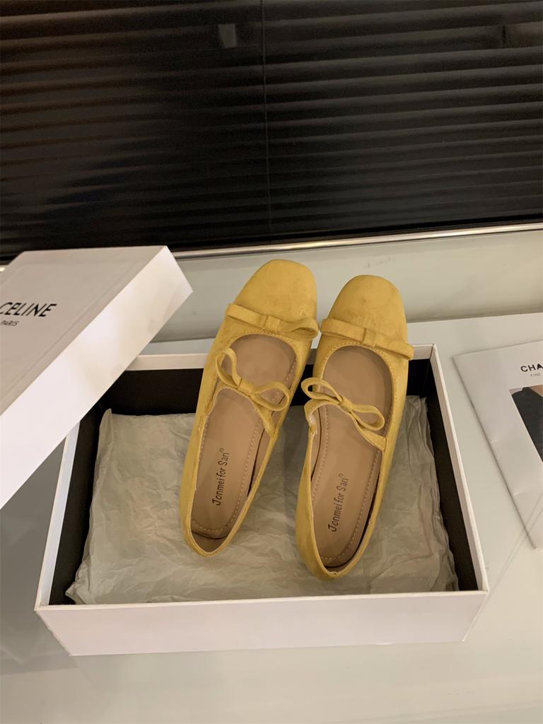 Jonmei for San Nei heightening retro suede ballet single shoes women's shoes 2025 autumn bow evening shoes