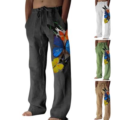 Men's Loose Casual Color Cotton Linen Trousers Elastic Tie Printed Straight Pants