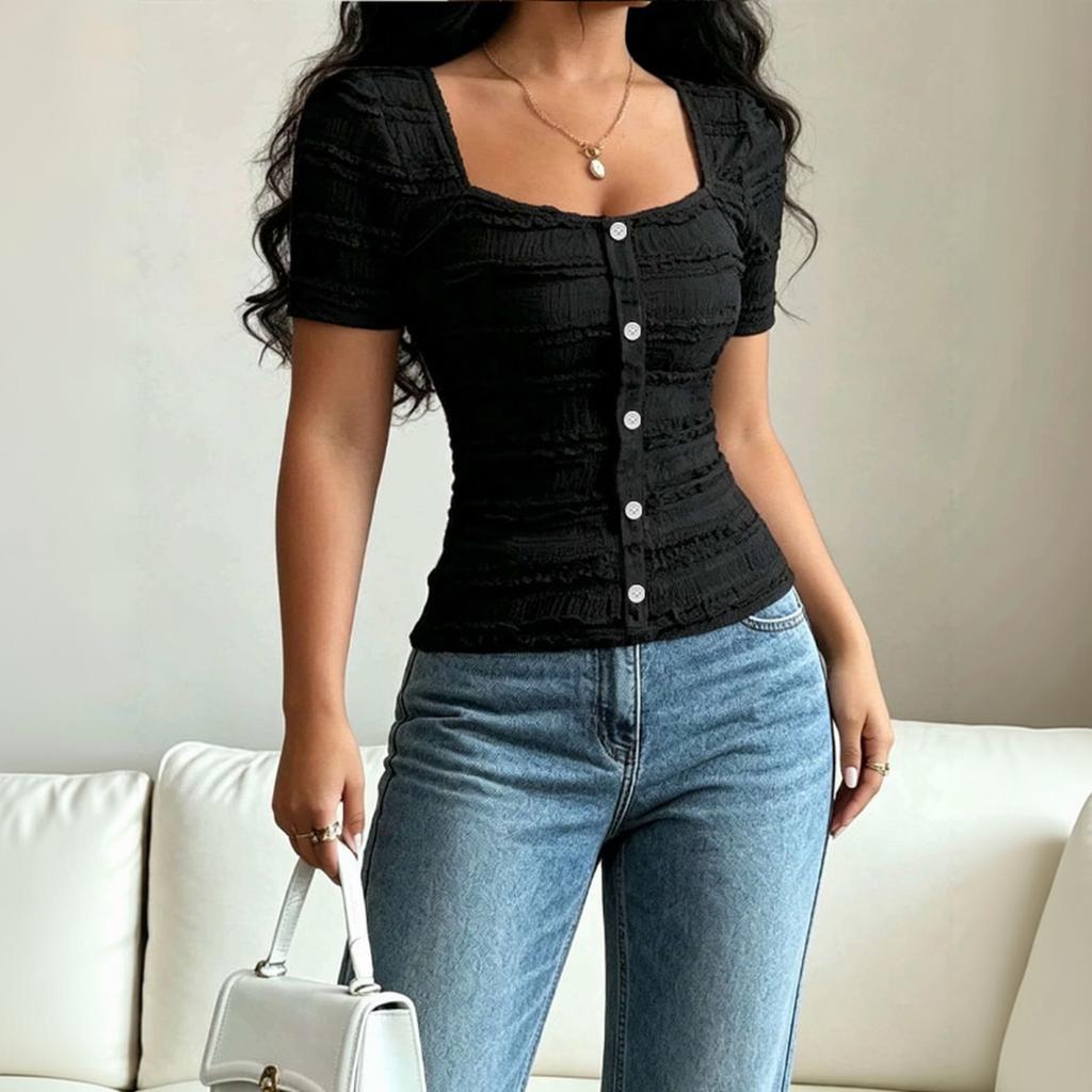 Women's Casual Solid Button Front Square Neck Short Sleeve T-Shirt Top Slim Fit Lightweight Stretchy Fabric