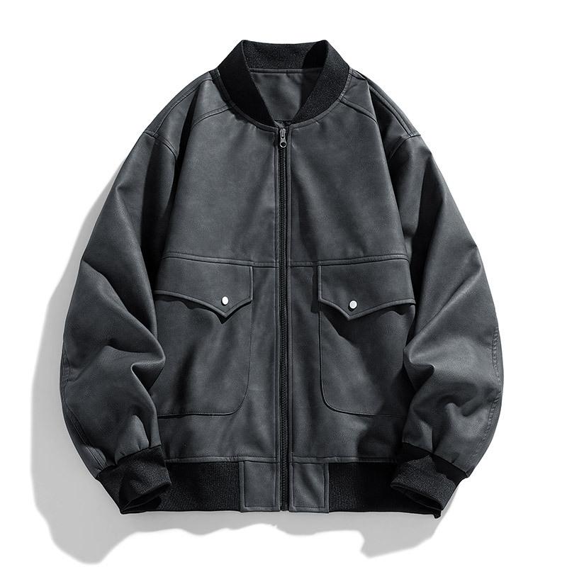 Autumn New Hong Kong Style PU Leather Jacket Men's Loose Large Size Fat Man On Clothes Solid Color Casual Couple Coat