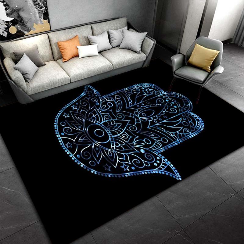 Mandala Hamsa Hand Carpet, Black and Blue Bohemian Living Room Rug Suitable for use as an anti-slip for living room bedroom sofas