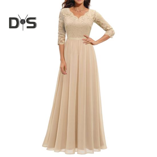 

Женское платье с v-образным вырезом и рукавами 3/4, вязанное крючком, кружевное сетчатое платье с высокой талией, трапециевидное платье макси с открытой спиной, однотонное длинное платье M шампанского