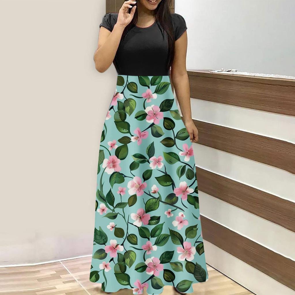 Damenmode Lässig Locker Bedruckt Rundhals Kurzarm Lange Kleider Kurzarm Lange Kleider