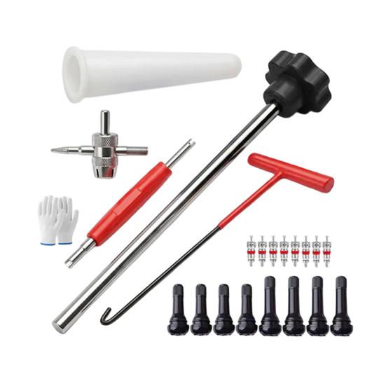 23Pcs Tire Valve Stem Tool Set, Quick Change Valve Installer Kit with TR413/TR414 Valve Stems, 4-Way Valve Core Stem Removal Tool for Cars Motorcycles