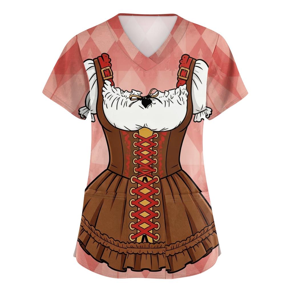 Women's V Neck Short Sleeve Work Shirt with Pockets Oktoberfest Print Medical Uniform Top Nurse Scrub Tee for Healthcare Professionals