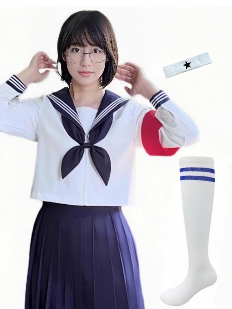 Sailor Long Long School High School JK Three White Navy Blue School Cultural Authentic Uniform [CaraCaro] Uniform, Sleeves, Girls' Uniform, Leaders'