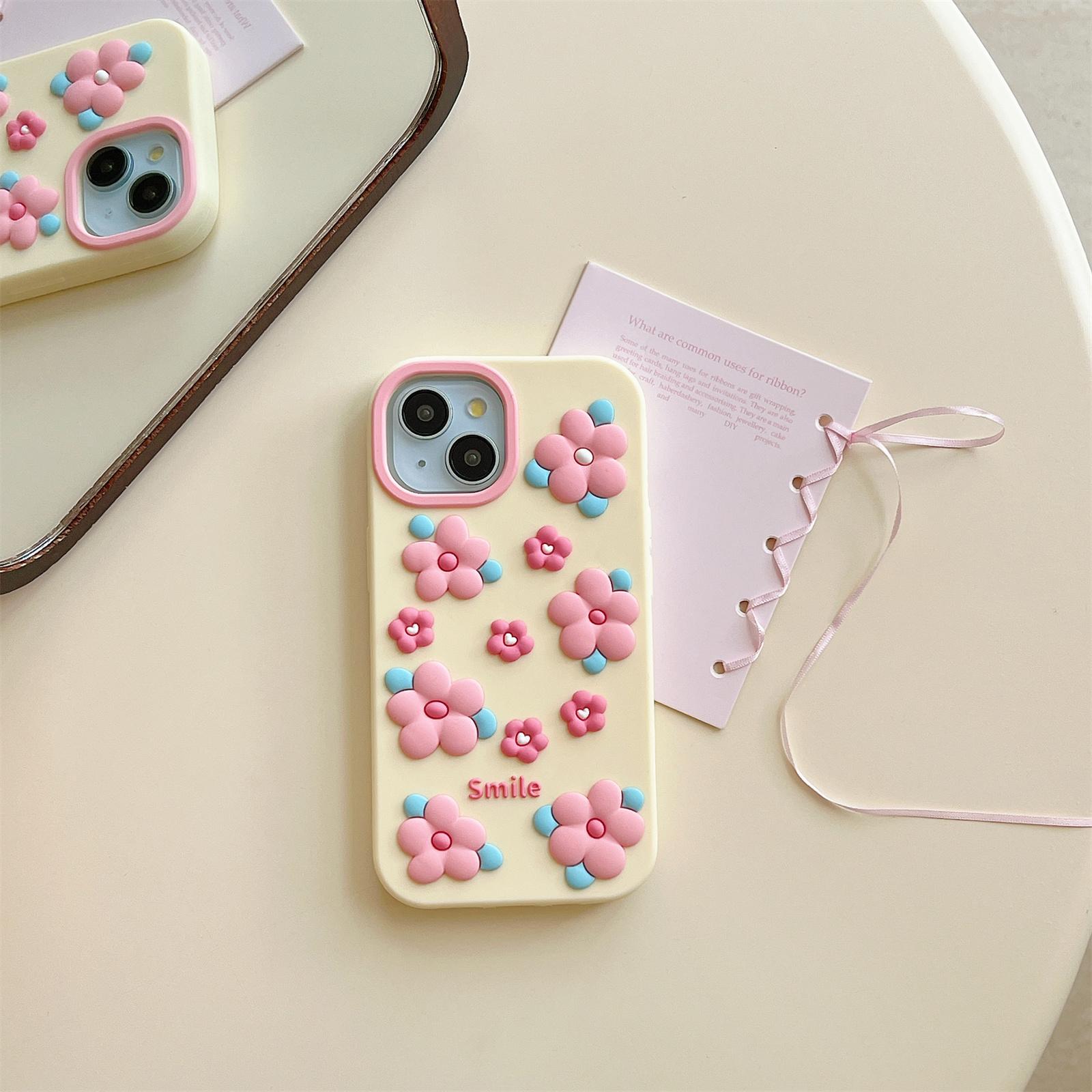 

For iPhone 15 Silicone Case Cute 3D Smile Pink Floral Design Shockproof Phone Back Cover As Shown A